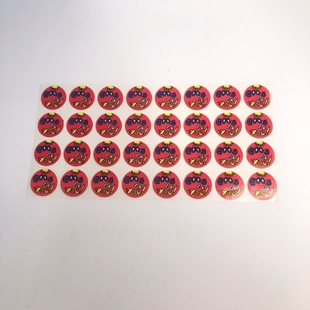 vintage stickers good for you face red blue yellow round sheet 80s 90s